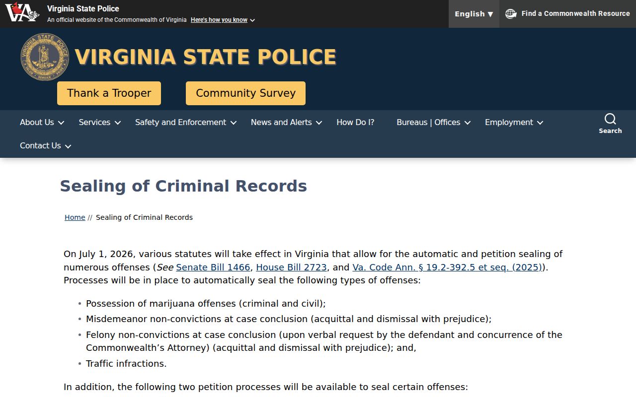Portsmouth City criminal record sealing rules on the official VSP page