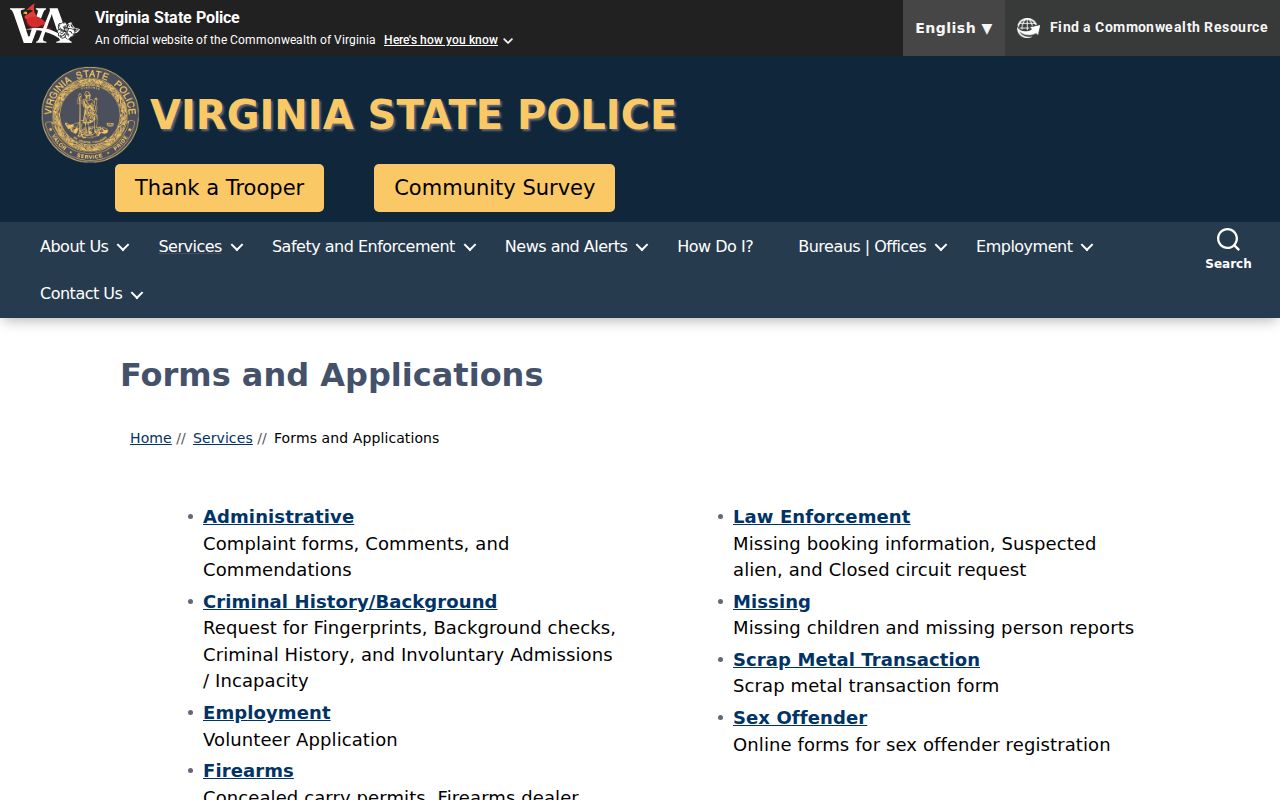 Portsmouth City criminal history and registry forms on the VSP forms page