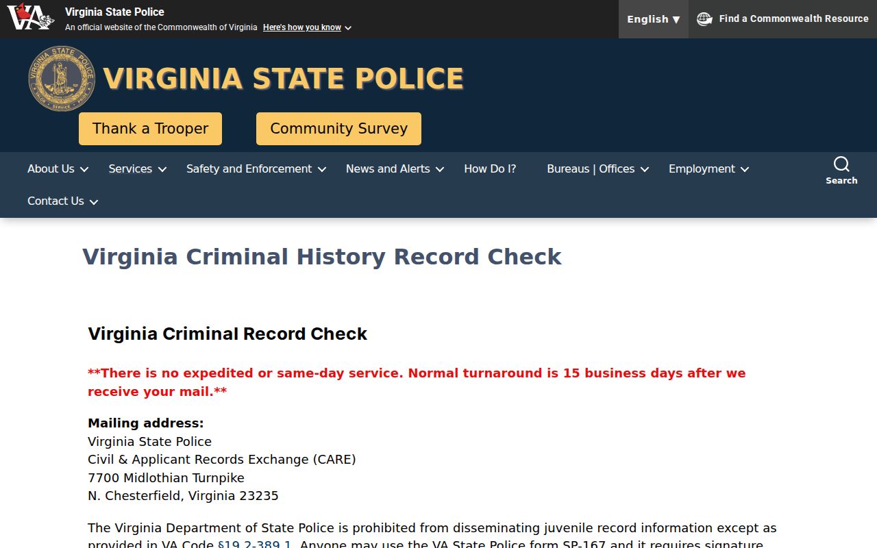 Portsmouth City criminal history instructions on the VSP background check page
