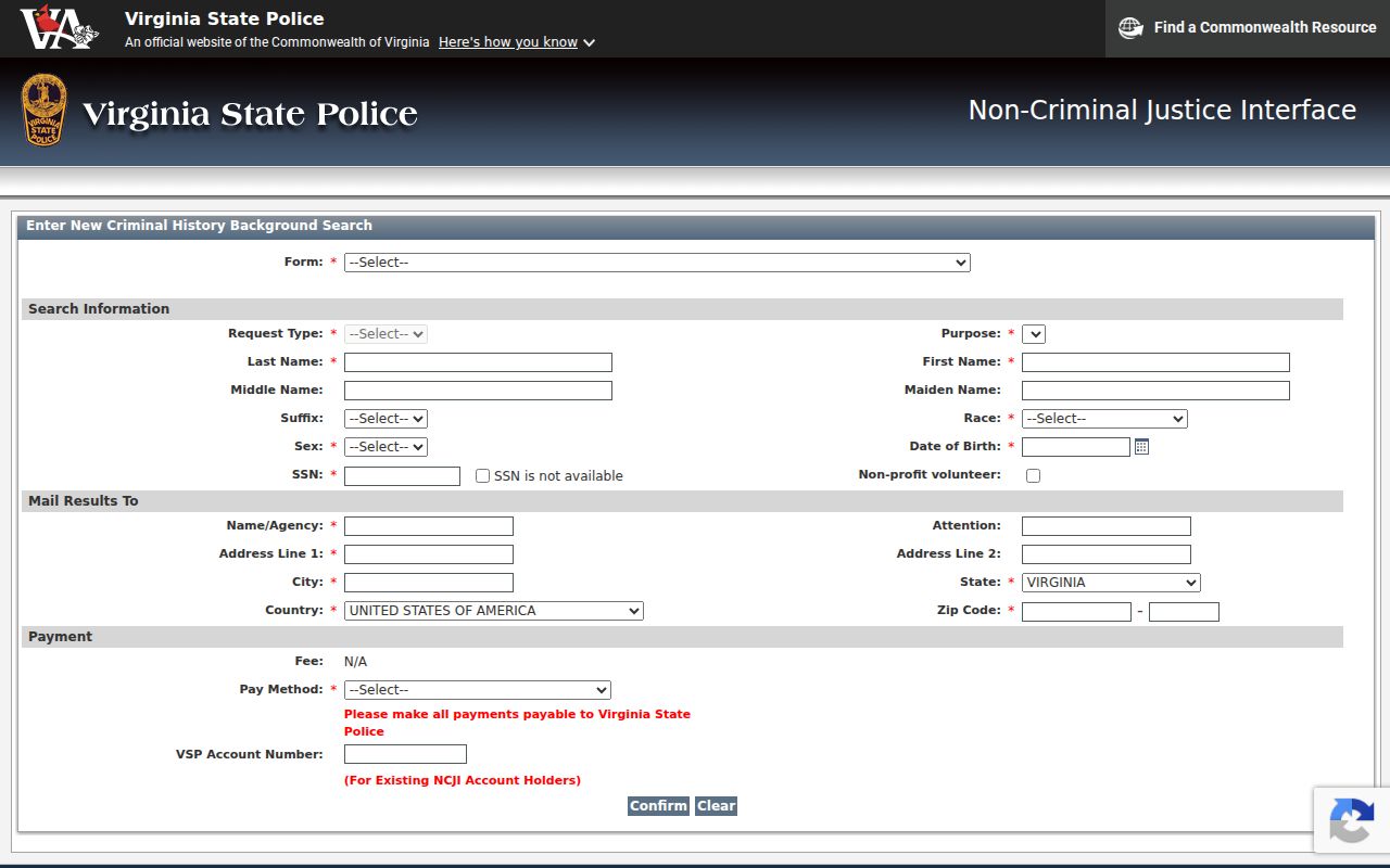 Portsmouth City criminal history fields in the VSP NCJI public form