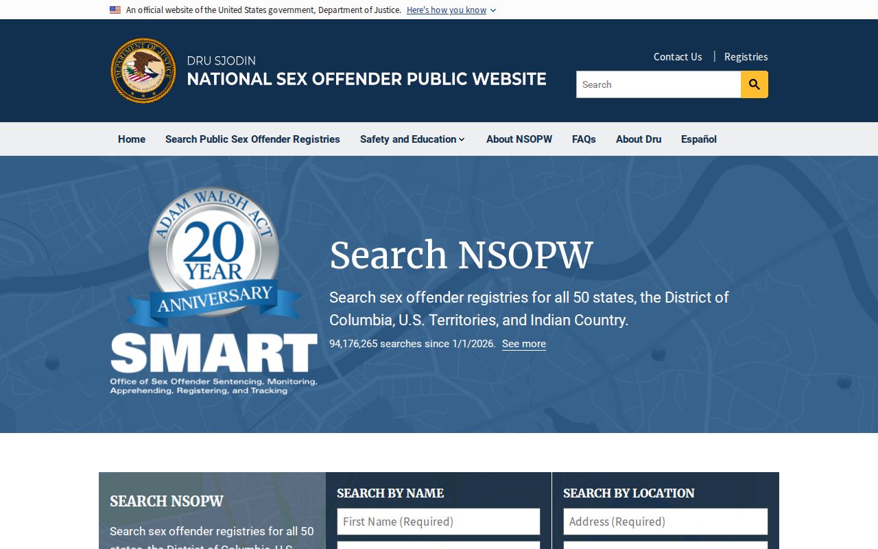 National Sex Offender Public Website search landing page used to supplement a Portsmouth City registry search